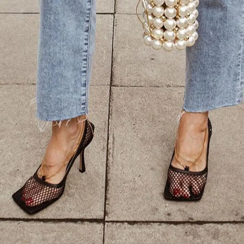 Chains Sandals Women Air Mesh High Heel Sandalias Mujer 2020 Cutouts Frauen Sandalen Open Toe Ladies Shoes Black Summer Pumps | Обувь