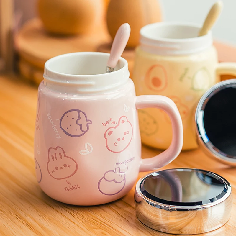 Cute Coffee Ceramic Cup With Handle With Lid Spoon Cartoon Couple High  Value Mug Home Drinking Cup Girls Office Coffee Milk Cup - AliExpress