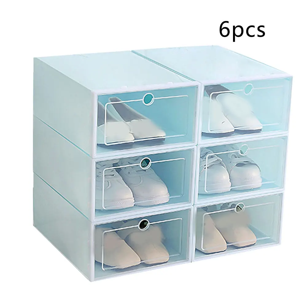 6 шт. прозрачная пластиковая коробка для обуви артефакт флип-ящик Органайзер штабелируемые коробки для домашнего украшения хранения - Цвет: Синий