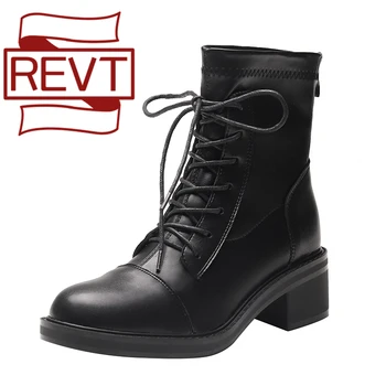 

REVT 42 43 Big size springtime Women shoes Genuine Leather Flat Ankle Boots Platform socks shoes fashion Women's black shoes