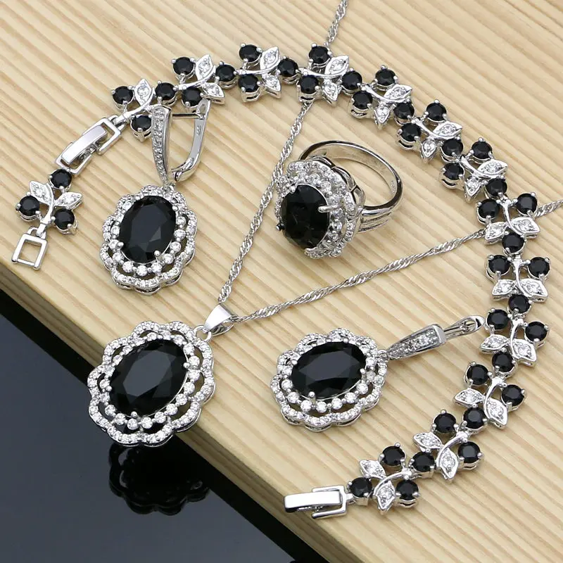 4 PCS Женские серебряные Ювелирные наборы 925, натуральный черный камень, серьги, модные ювелирные изделия, подарок для нее, вечерние, браслет, ожерелье, наборы - Окраска металла: 4 PCS