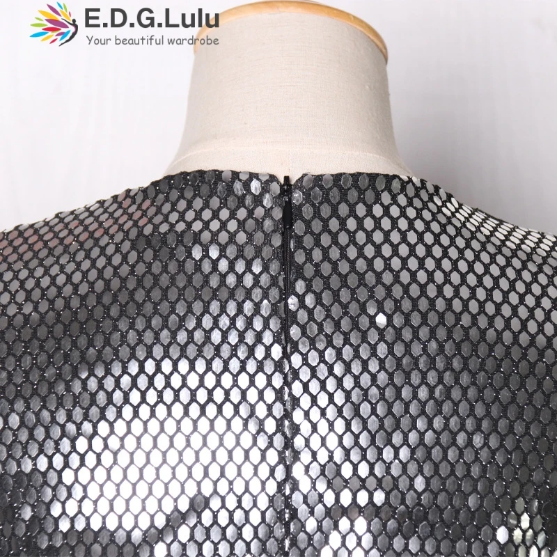 EDGLuLu new arrival high quality vintage puff sleeve dress v neck party evening elegant luxury black sequins dress for woman