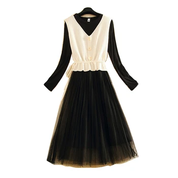

Autumn And Winter Fashion Set Knitted Vest Waist Was Thin Wild Put on a Large Long-Sleeve Mesh Dress Two - Piece dress