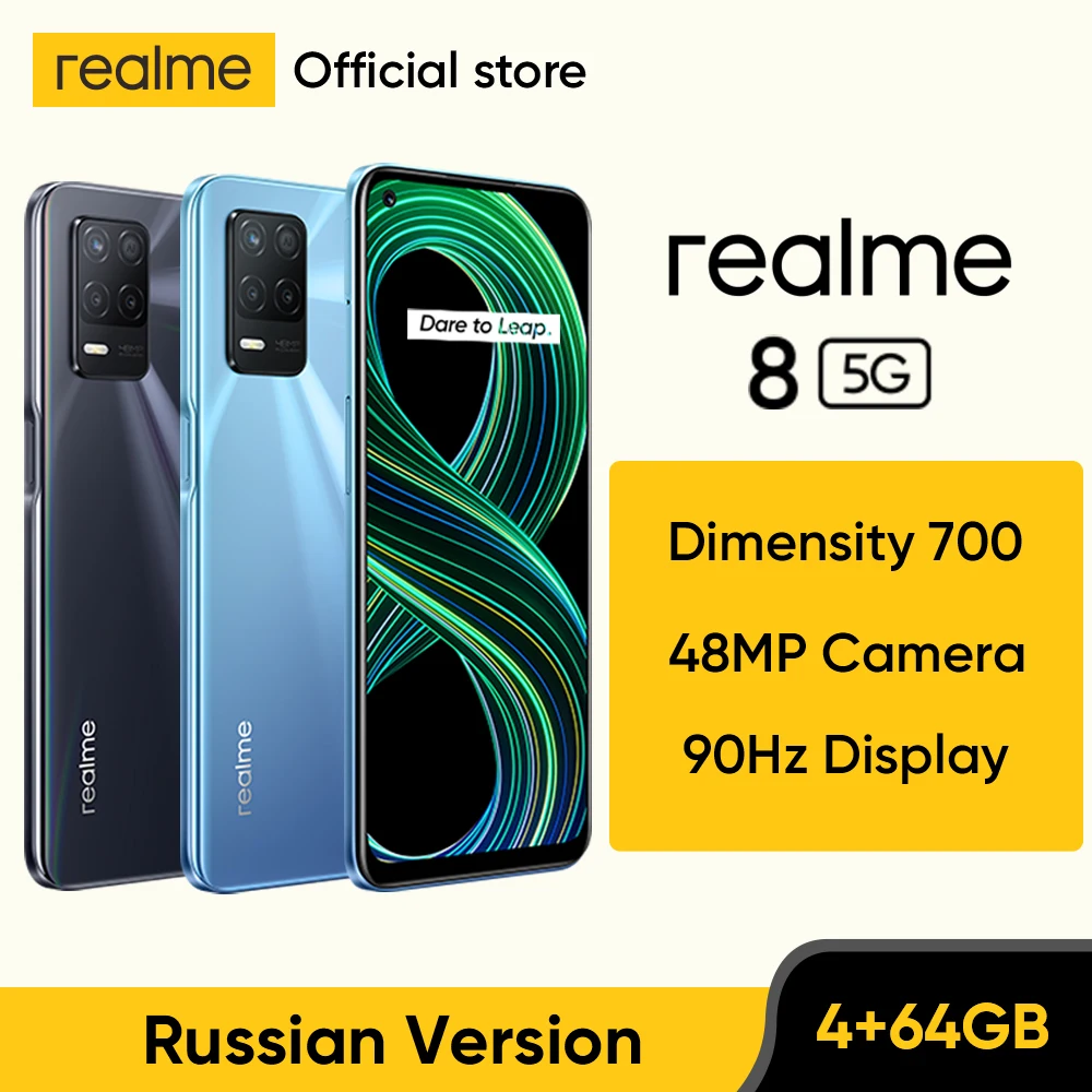 Cheap realme 8 5G Global Russian Version NFC Dimensity 700 90Hz Display Smartphone 5000mAh 48MP Triple Camera 4GB 64GB