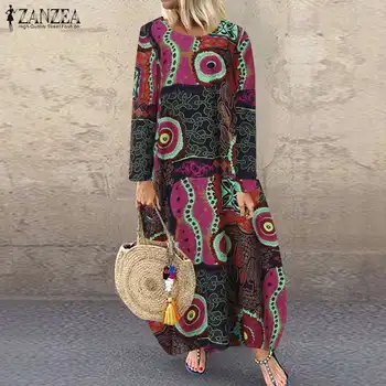 

Women's Print Sundress ZANZEA 2020 Vintage Floral Maxi Dress Autumn Casual Long Sleeve Linen Vestido Female Tunic Robe Oversized
