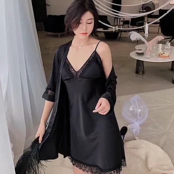 

Sexy 2PCS Sleep Set Satin Nighty&Robe Suit Women Sleepwear Nightdress Intimate Lingerie Lace Kimono Bathrobe Gown Homewear