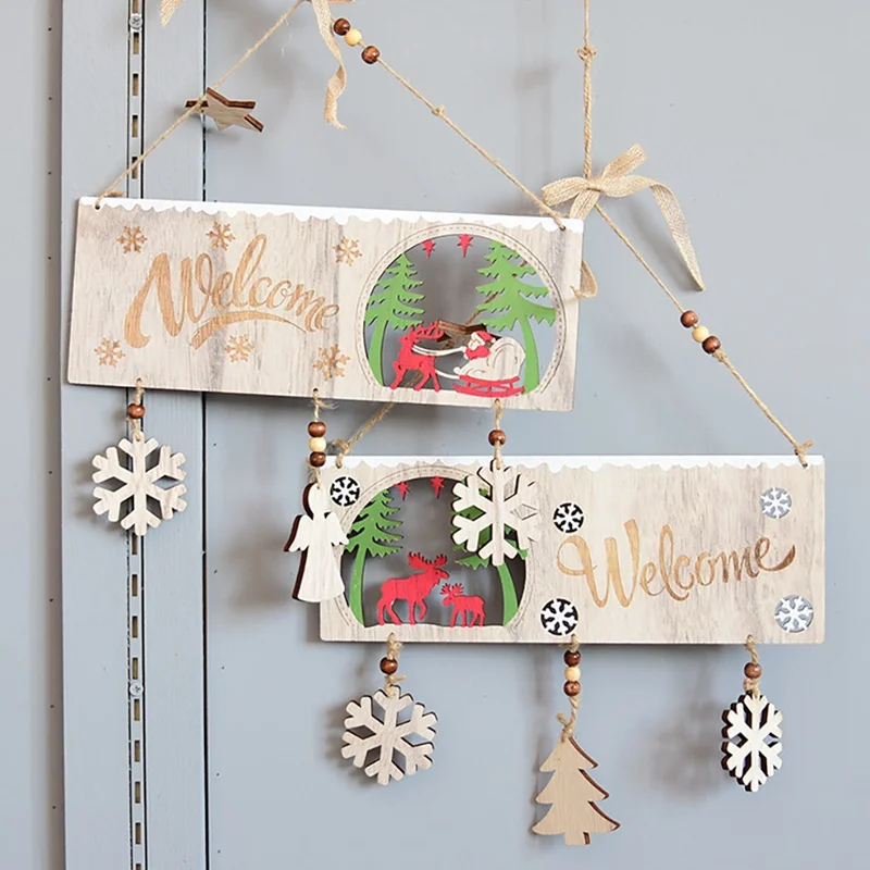 

Merry Christmas Sign Hanging Board Welcome Wording Signs Wooden Crafts Hanging Ornament for Home Door Window Wall Tree Decor
