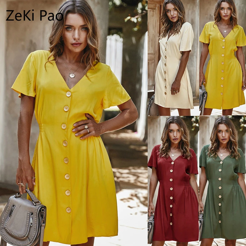 

2020 Summer Sale Casual Pure Color Dress Single Breasted Short Sleeve Deep V-Neck Temperament Elegant Fashion Dress