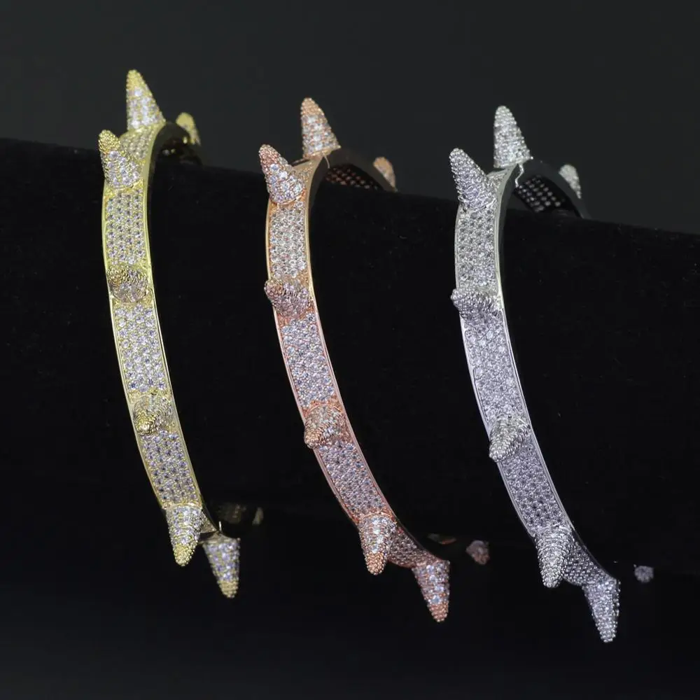 Хип-хоп, Полный AAA+ кубический цирконий, ледяные, блестящие, с заклепками, открытые браслеты, браслеты для женщин и мужчин, CZ, рэппер, ювелирные изделия, золото, серебро, Роза