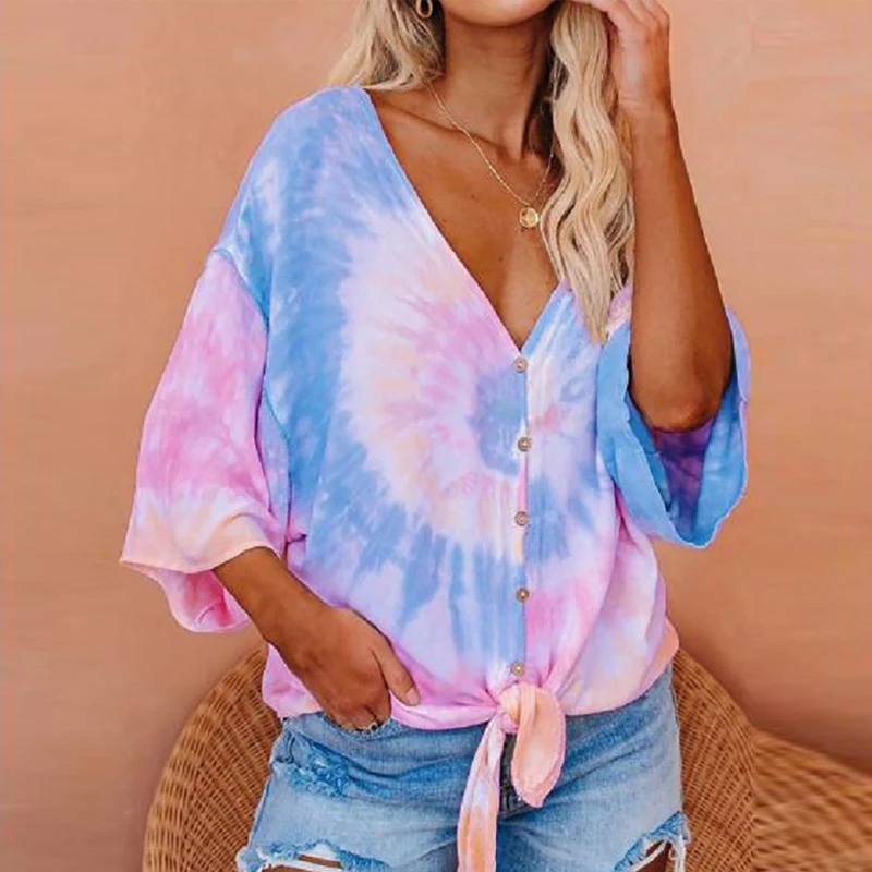 

New Fashion Women Ladies Summer Casual Tie Dye T-shirts Buttons V Neck Half Sleeve Tie Front Hem Tee Tops