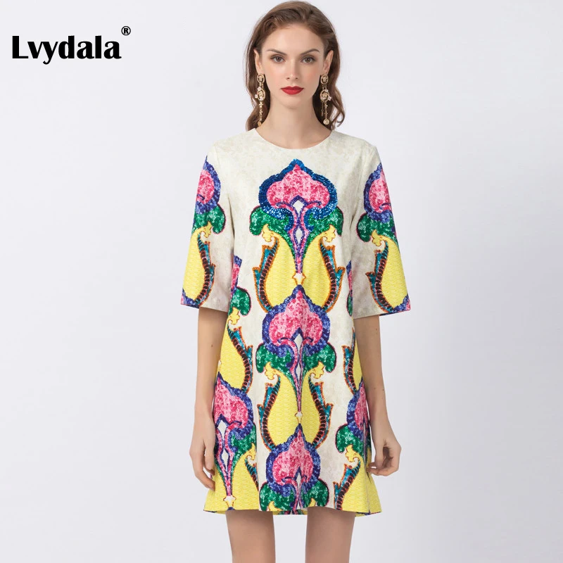 Lvydala, модное дизайнерское платье, весна-лето, женское платье, рукав до локтя, с принтом, стильное, расшитое бисером, с блестками, свободные платья для вечеринок