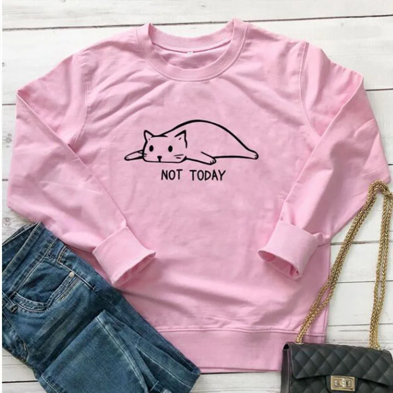 Not Today Cute Cat Women Printed Sweatshirts Ulzzang Pink Hoodie Woman Pullover Hoodies Long Sleeve Crewneck Outerwear Drop Ship