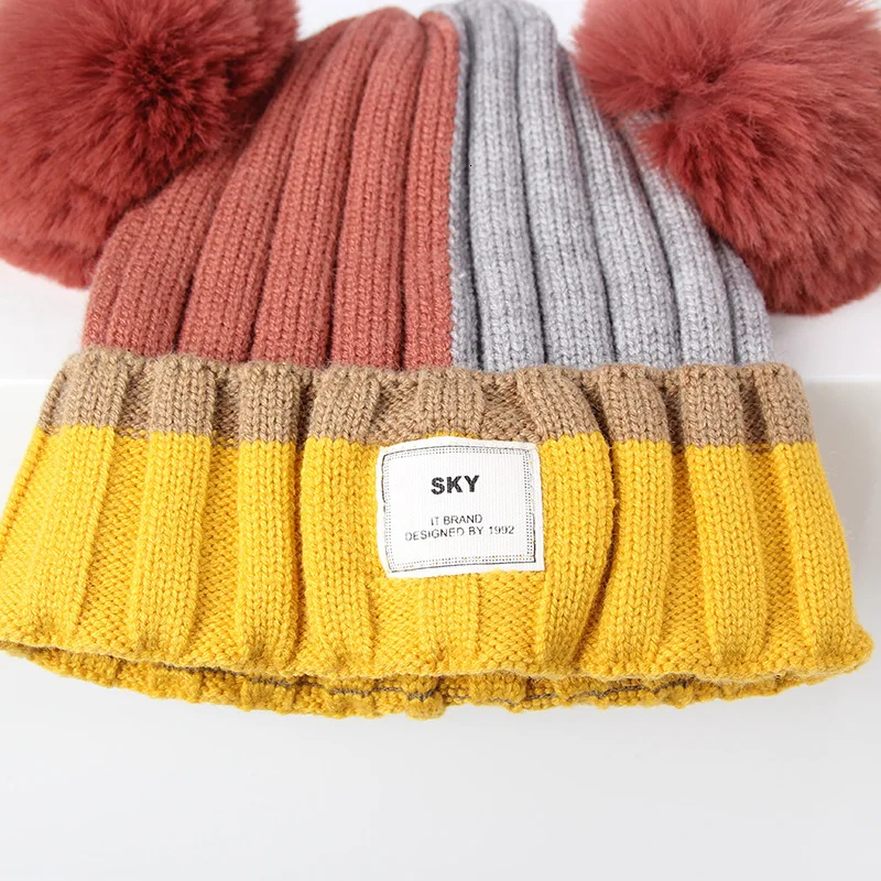 Детские зимние шапки, стеганая цветная мягкая хлопковая шапка с помпоном для мальчиков и девочек, детские вязаные шапки осень-зима, милые теплые шапки YS019