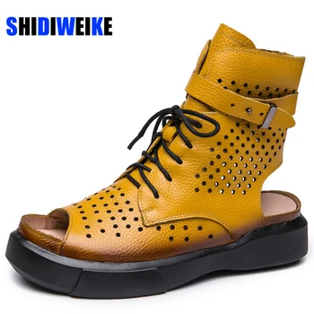 

2020 Fashion Ladies Sandals Hollow-Out Gladiator Sandals Women Flat Shoes Open Toe Genuine Leather Summer Cool Boots AB973