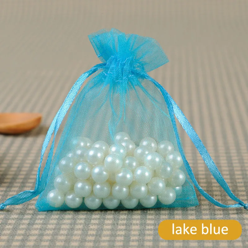 lake blue 22 цвета на выбор 9*12 см, многофункциональные сумки для конфет, мешочек из органзы для ювелирных изделий, Ювелирная упаковка, сумка на шнурке, 100 шт, самодельная посылка - Цвет: lake blue