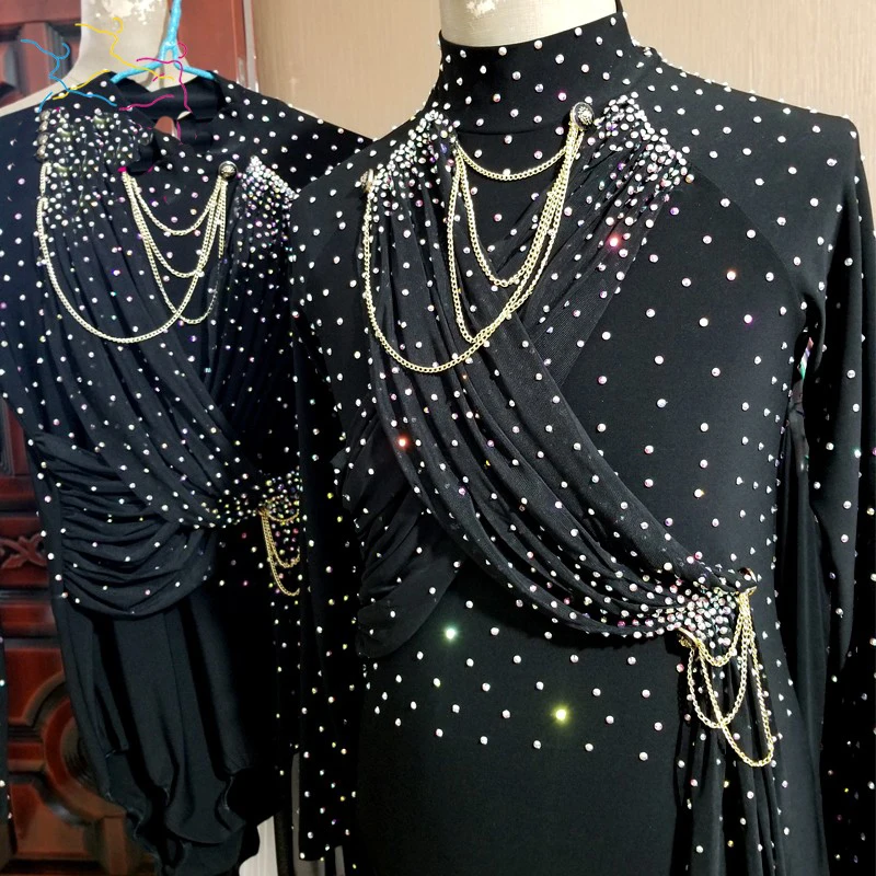 Черный Латинский танец Топ Для мужчин длинные SleevesShiny Стразы конкурс рубашки, танго, ча-ча, Танго, самбы для девочек, одежда для сцены DNV12164 - Цвет: Черный