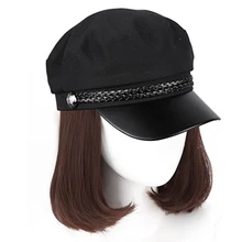 Hats with Wig Attached for Women Cap with Short Bobo Black Straight Hair Costume Disguise KG66