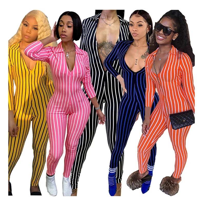 

Rompers Bodysuit Clubwear Bodycon Casual Playsuit Women Deep V-neck Long Sleeve Stripe Sexy Workout Fitness One piece Jumpsuit