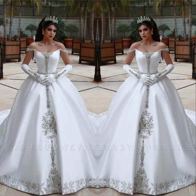 

Luxury Beads Stones Ball Gown Arabic Wedding Dress 2020 Robe de Mariee Sexy Open Back Cap Sleeve Wedding Bridal Gowns