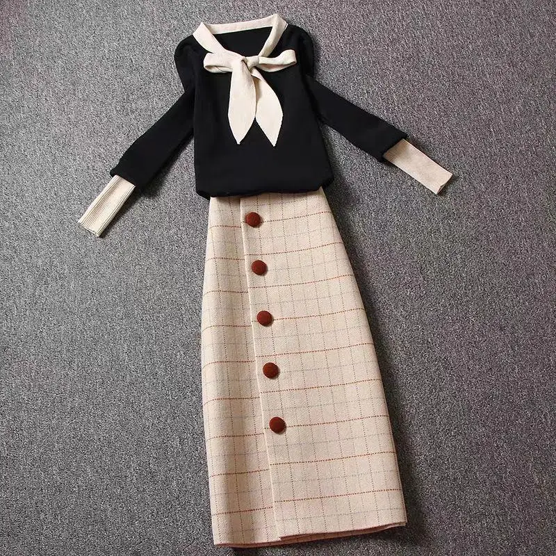 2 Piece set Новинка, женские вязаные комплекты, галстук-бабочка, хит, цветной свитер+ средняя длина, пуговицы, клетчатая юбка, костюмы, вязаные комплекты, наряды - Цвет: 2 Piece set