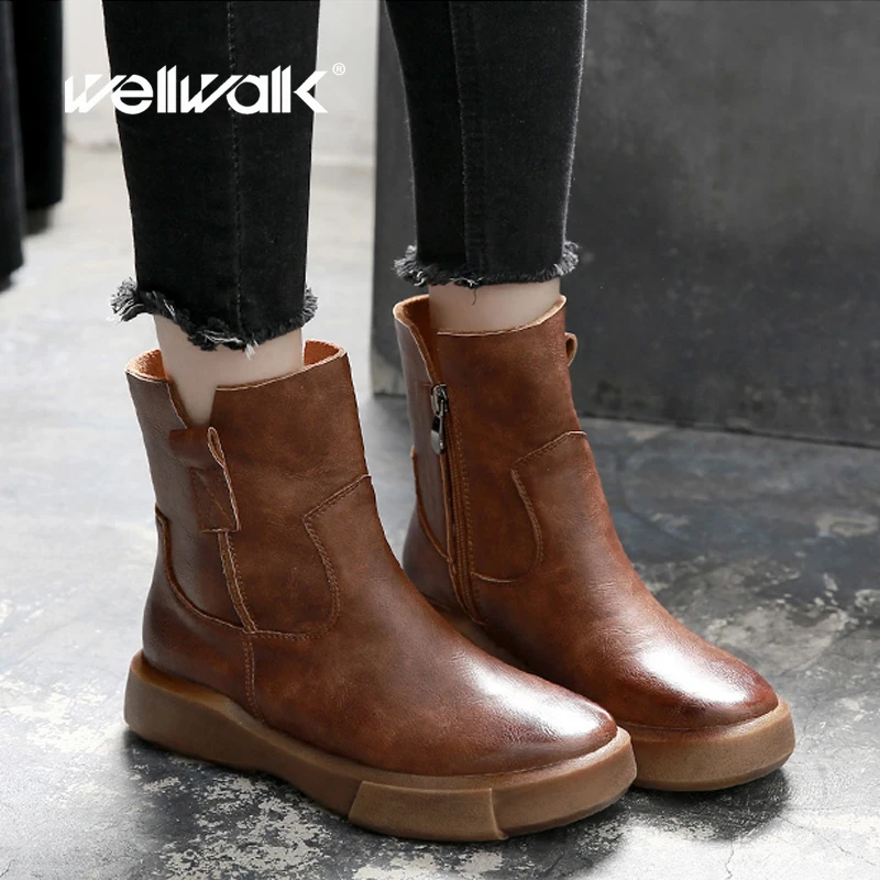 Lady Boots Short Ankle Mid Booties Fashion Casual Retro Vintage Round Toe Nonslip Side Zip Solid Plain Winter Shoes 4 Inches 6