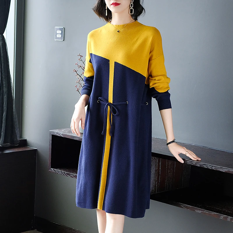 

Turtleneck Long Cable Knitted Women Pullover Sweater Dress Vintage Autumn Winter Long Sleeve Female Knitting Bottoming Dresses