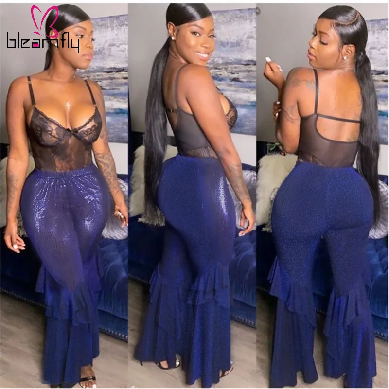 

2019 Sexy High Waist Flare Pants Women Fall Winter Sequin Ruffles Long Trousers Elegant Street Night Club Bell Bottom Pants