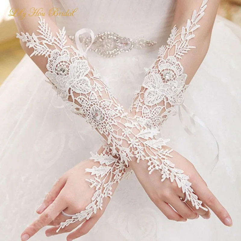 

Charming Fingerless Long Bridal Gloves Crystals Lace Wedding Accessories Elbow Length Gloves for Brides