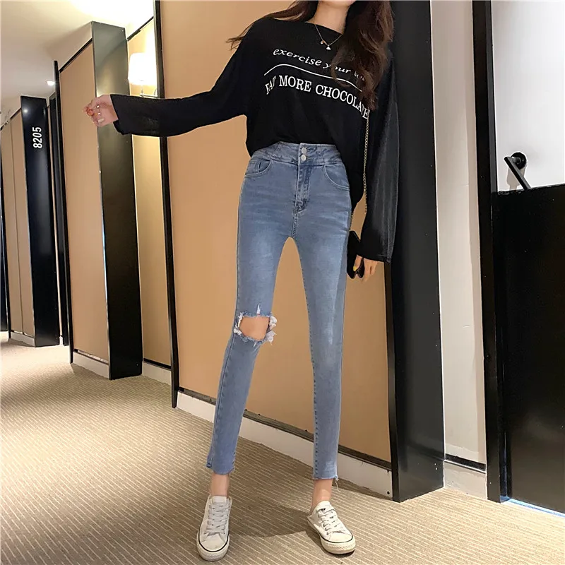 

S-XL 2019 autumn korean style Elastic high waist ripped jeans for womens skinny jeans trousers woman pencil denim pants (z8679)