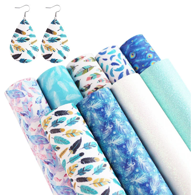 

9Pcs/Set Colorful Feather Faux Leather Sheets Synthetic Faux Earrings Fabric PU Material for DIY Jewelry Making Earring Pendants