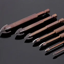 Foret à tête transversale en carbure de tungstène, 2 pièces, pointe de poignée hexagonale avec 4 bords de coupe, pour carrelage en verre 