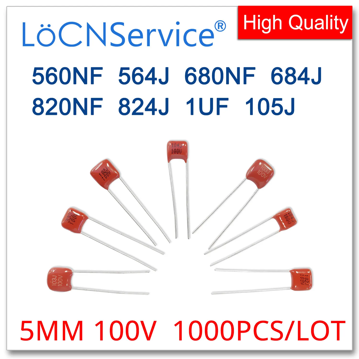 LoCNService 1000 шт. 5 мм 100 в 560NF 680NF 820NF 1 мкФ 564J 684J 824J 105J CBB полипропиленовый пленочный