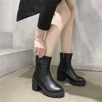 

COOTELILI Women Ankle Boots Round Toe 7.5cm Heel Zip Buckle Fashion Shoes For Woman Comfortable Wedges Botas Mujer Size 35-40