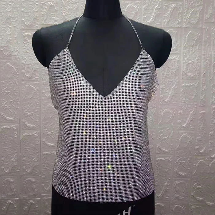 Bling Crystal Diamonds Tank Tops Rhinestone Halter Backless Sleeveless Loose Crop Tops Sexy Ladies Party Club Tops 3 Colors - Цвет: Серебристый