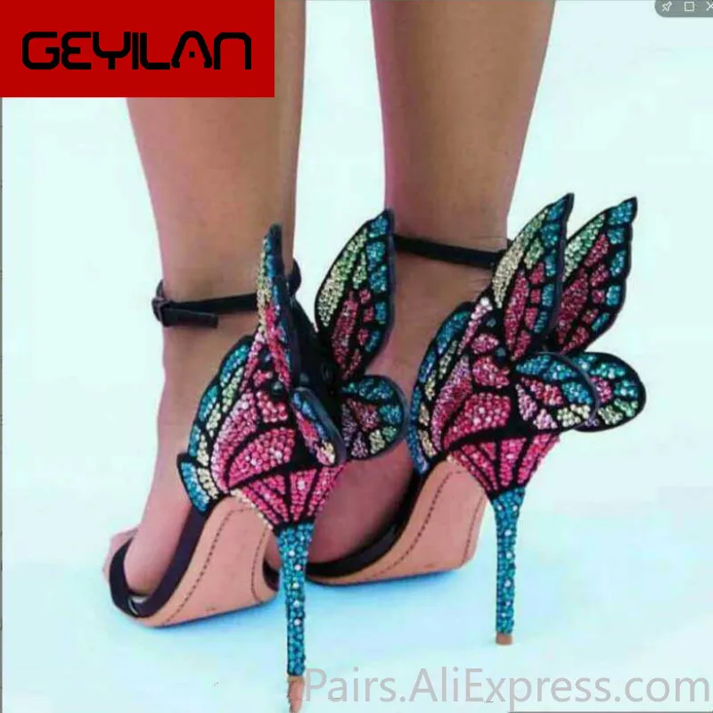 

Luxury Rhinestone Butterfly Angel Wings Lady Sandals Crystal Embellished Stiletto Party Dress High Heels Buckle Strap Pumps