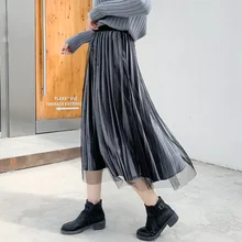 Женская плиссированная юбка из золотого бархата большого размера, осенняя зимняя Корейская элегантная длинная юбка с высокой талией, женская школьная офисная юбка