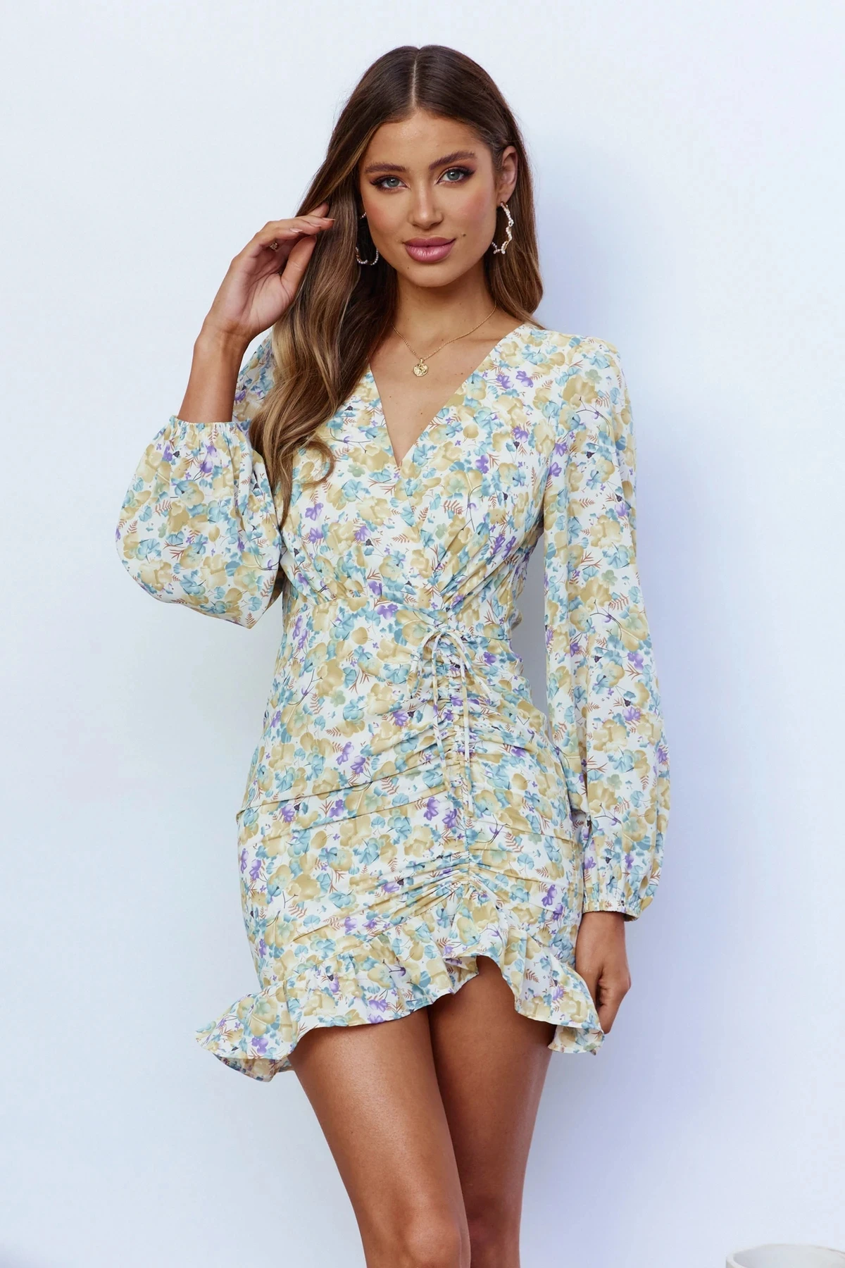 

Women Vintage Ruffled Flower Printed Mini Party Dress Long Sleeve Sexy V neck Sheath Casual Dress 2021 Autumn New Fashion Dress