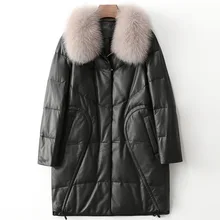

High Quality Warm Real Padded Leather Down Jacket Women 2021 Winter New Fox Fur Collar Sheepskin Coat Double-faced Fur Outwear