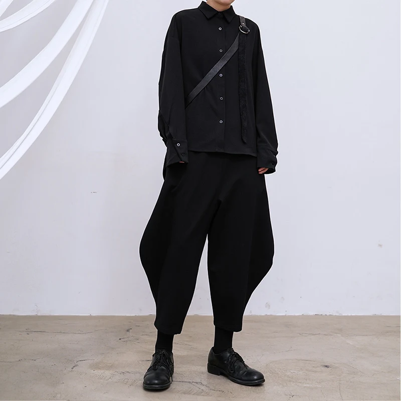 [EAM] Женская Длинная черная блуза большого размера, новая свободная рубашка с отворотом и длинным рукавом, модная весенняя Осенняя 19A-a745