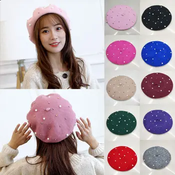 

Vintage Wool Knittd Women French Pearl Beret Hats Ski Caps Warm Winter Girl Sweet Painter Beading Hat Beanie Bonnet Femme Gorras