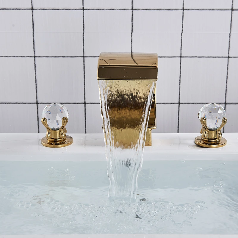 Gold Bathroom Basin Faucet Brass Deck Mounted Double handle Cold and Hot Waterfall Basin faucet