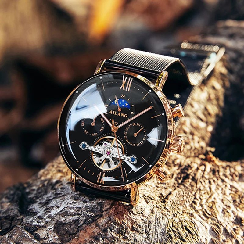 AILANG Uomo Automatico Meccanico Tourbillon di Lusso da Polso Uomo Cintura in Maglia di Acciaio Inossidabile es es_voghion.com