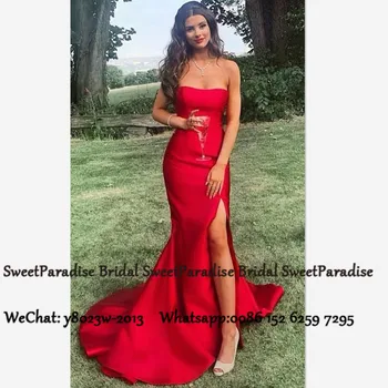 

Red Mermaid Prom Dresses Long Train 2020 Sexy Side Split Strapless Formal Evening Dress Vestido De Festa