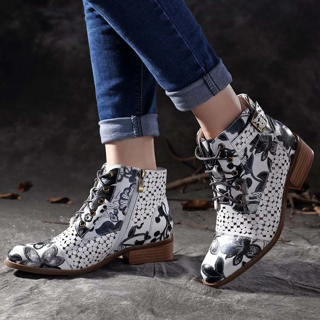 

2019 Hot Sale Ankle Boots Multi-Patterns Square Heeled Spring Winter Shoes Feamale Pu Leather Side Zipper Causal Boots