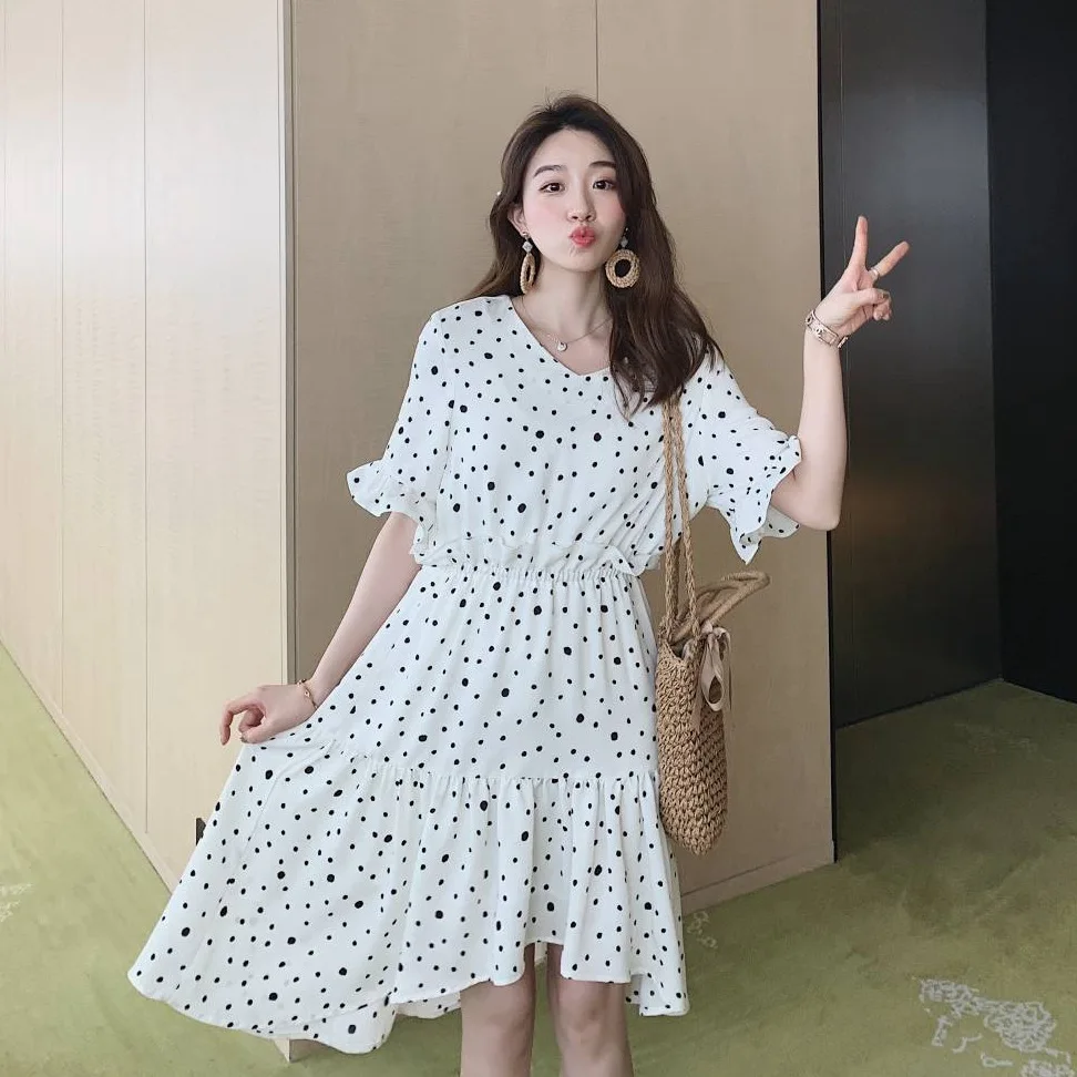 

Photo Shoot INS Vacation Style Sweet Chiffon White Polka Dot Mid-length Flounced Sleeves Big Hemline-Shape Irregular Dress