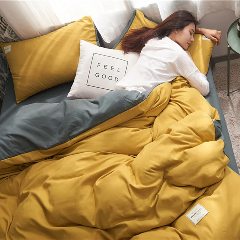 Yellow and gray Одноцветный Комплект постельного белья из хлопка с двойной шлифовкой 4 шт. постельные комплекты постельное белье пододеяльник простыни наволочки удобные покрывала - Цвет: Yellow and gray