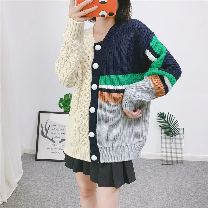 Women Hit Color Oversized Sweater Coat Patchwork Cardigan Autumn Winter Thick Knitted Coat Single Breasted Cardigan P-164