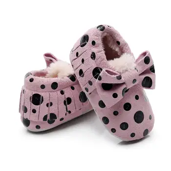 

Genuine Leather winter baby Shoes Suede Polka Dots Printed Newborn Toddler Moccains Hard sole Handmade Big Bow Prewalker