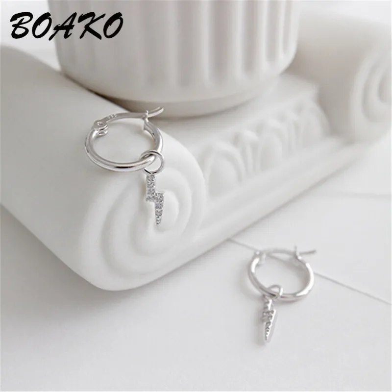 BOAKO Tiny CZ Lightning Pendant Stud Earrings For Women Punk Huggie Jewelry 925 Sterling Silver Earrings Wedding Party Earings