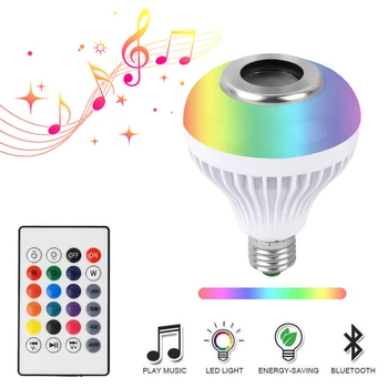

RGB Smart E27 E26 Bluetooth Speaker LED Bulb Light , 12W Music Playing Dimmable Wireless Led Lamp with 24 Keys Remote Control